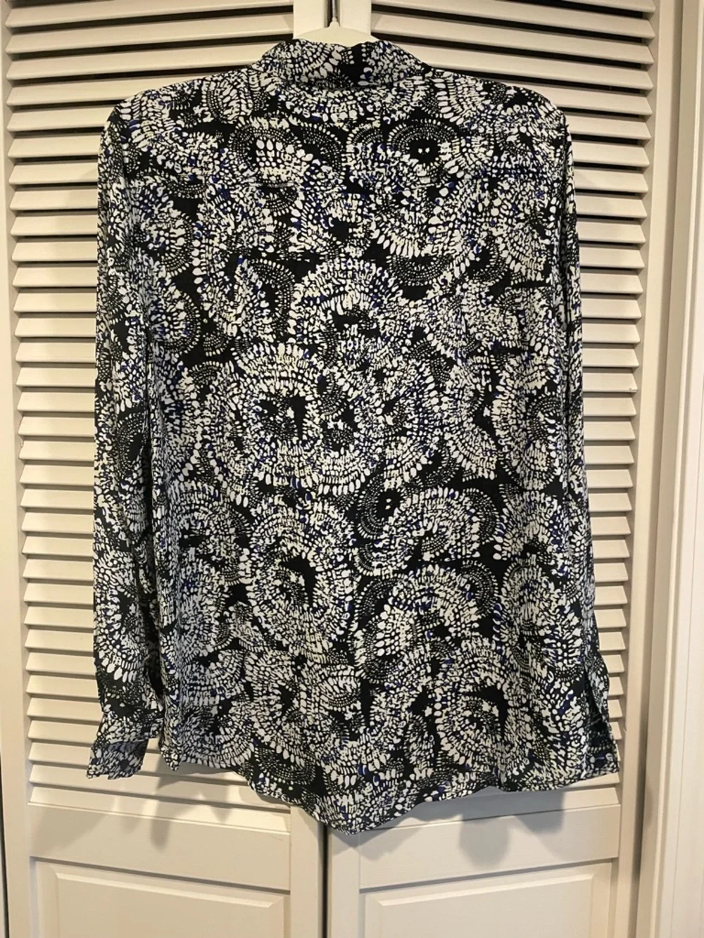 Black, White, Blue with Yellow highlights Long-Sleeve Blouse - Madison Paige - Picture 5 of 6